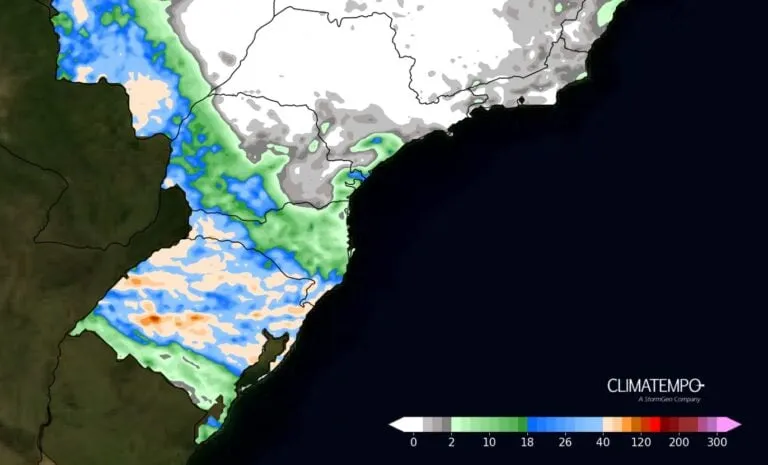 O mapa mostras às áreas com acumulado de chuva elevado